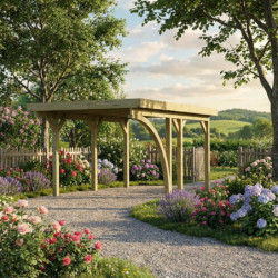 Carport en bois traité autoclave 15m², toit en acier, poteau en arc