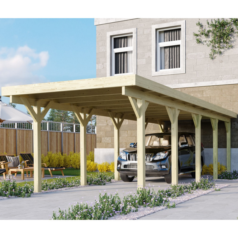 Carport en bois traité autoclave 26,9m² avec toit en acier KARIBU