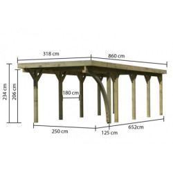 Carport en bois traité autoclave 26,9m², toit en acier, poteau en arc