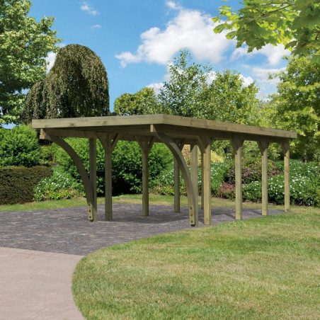 Carport en bois traité autoclave 26,9m² toit en acier et 2 arcs KARIBU