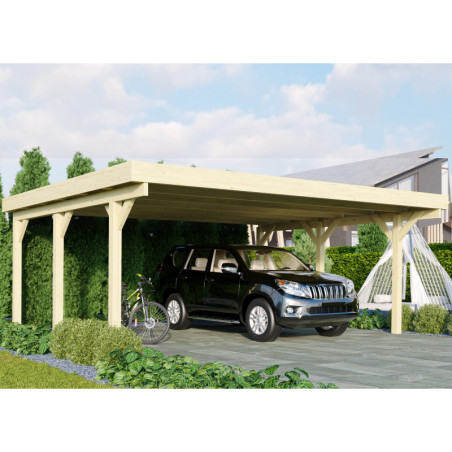 Carport double en bois traité 28,3m² avec toit en acier KARIBU