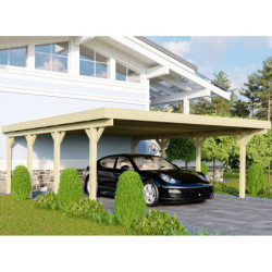 Carport double en bois traité 40,2m² avec toit en acier KARIBU
