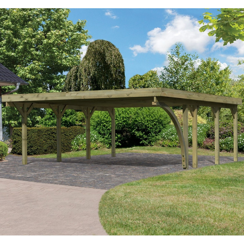 Carport double en bois traité 40,2m², toit en acier et 1 arc KARIBU