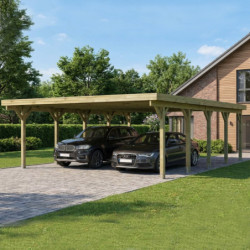 Carport double en bois traité 50,9m² avec toit en acier KARIBU