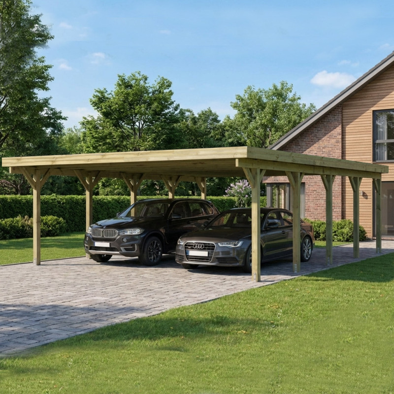 Carport double en bois traité 50,9m² avec toit en acier KARIBU