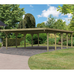 Carport double en bois traité 50,9m² avec toit en acier KARIBU
