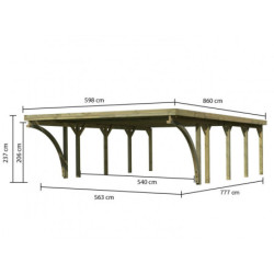 Carport double en bois traité 50,9m², toit en acier et 2 arcs KARIBU