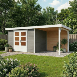 Abri Askola 4 en bois gris 19mm avec appentis et 1 paroi - WoodFeeling