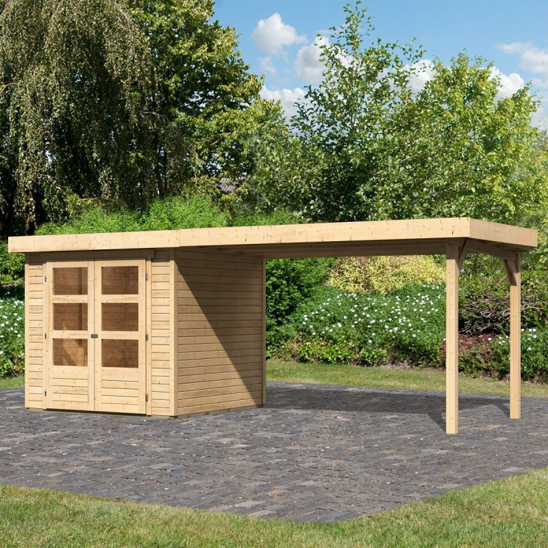 Abri Askola 2 en bois brut 19mm avec grand appentis - WoodFeeling