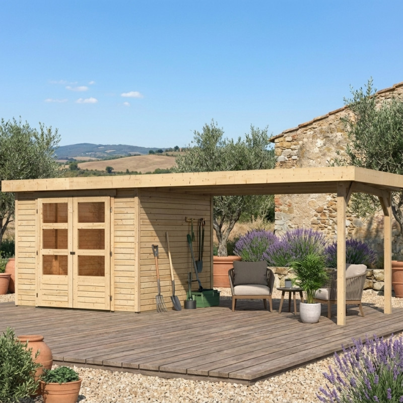 Abri Askola 3,5 en bois brut 19mm avec grand appentis WoodFeeling