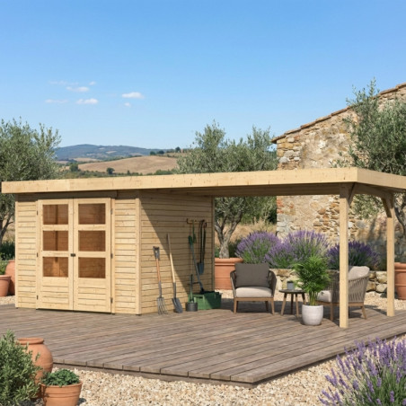 Abri Askola 3,5 en bois brut 19mm avec grand appentis WoodFeeling