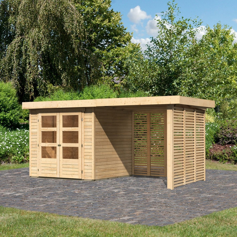 Abri Askola 2 en bois 19mm avec appentis-bûches 240cm - Karibu