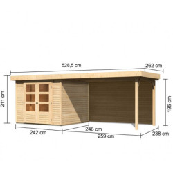 Abri Askola 3,5 en bois brut 19mm avec grand appentis et paroi WoodFeeling