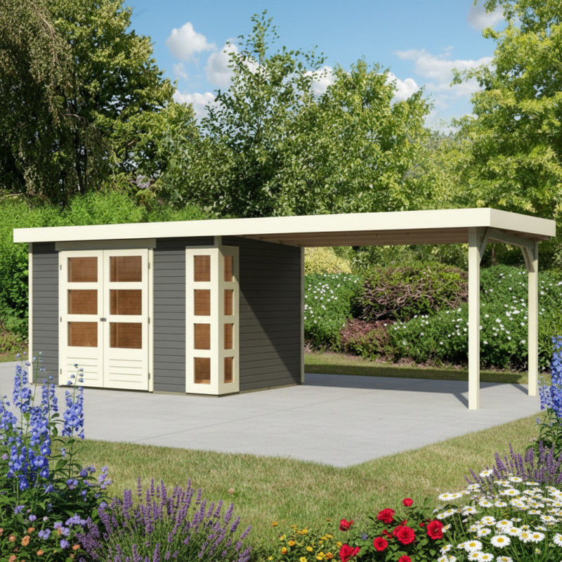 Abri Kerko 4 en bois gris 19mm avec grand appentis - WoodFeeling