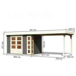 Abri Kerko 4 en bois gris 19mm avec grand appentis - WoodFeeling