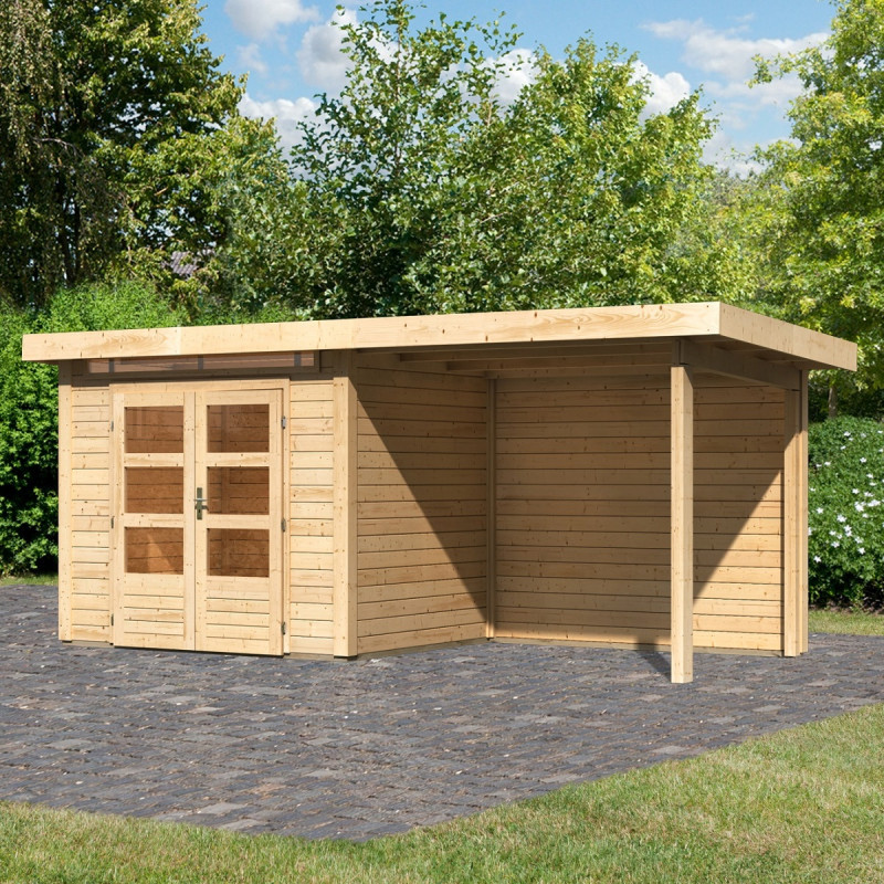 Abri Kandern 2 brut 28mm avec appentis 235cm et paroi - WoodFeeling