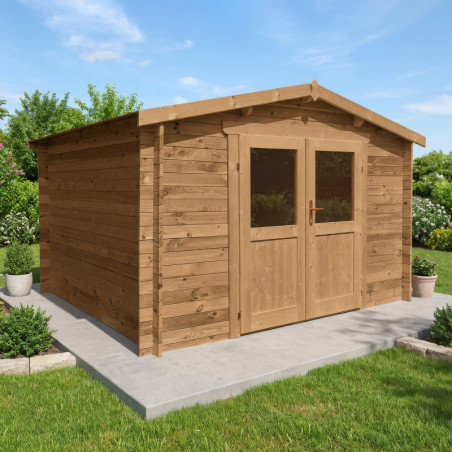 Abri en bois massif Primo 9m² 28mm traité teinté marron Gardy Shelter