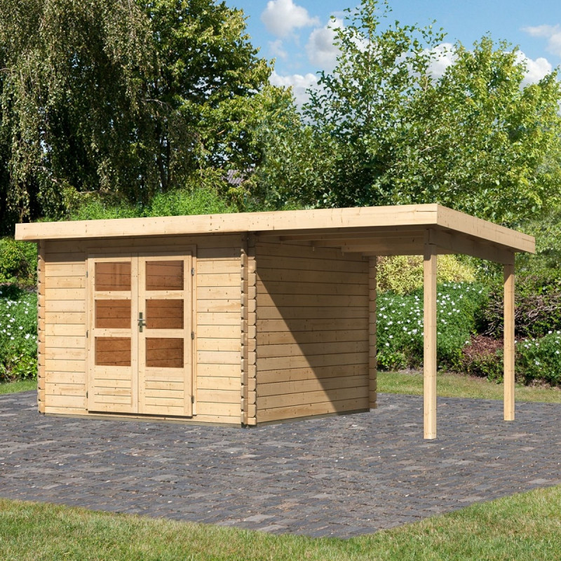 Abri 8,82m² Bastrup 5 en bois 28mm avec appentis 2m - WoodFeeling