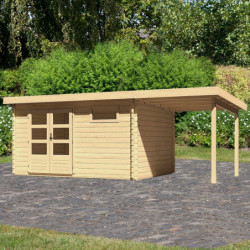 Abri 11,49m² Bastrup 8 en bois 28mm avec appentis 2m WoodFeeling