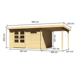 Abri 11,49m² Bastrup 8 en bois 28mm avec appentis 2m WoodFeeling