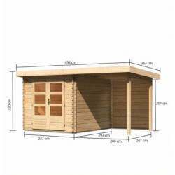 Abri Bastrup 4 en bois 28mm avec appentis 2m et paroi WoodFeeling