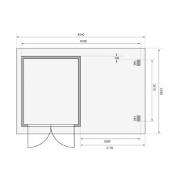 Abri Bastrup 4 en bois 28mm avec appentis 2m et paroi WoodFeeling