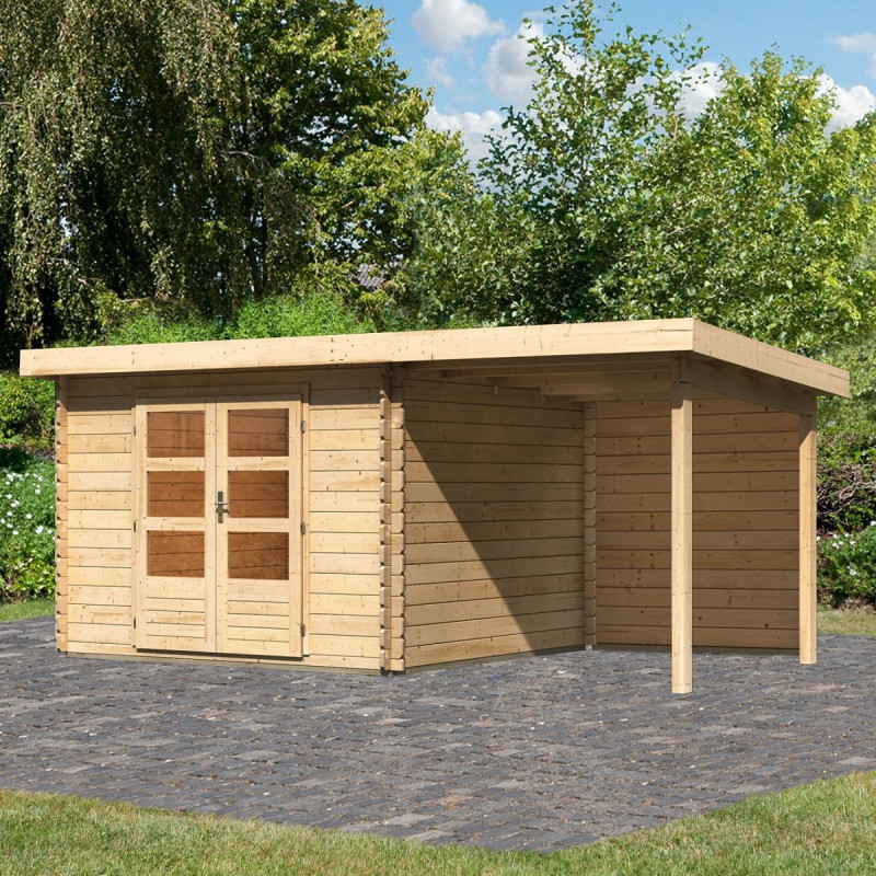 Abri Bastrup 5 en bois 28mm avec appentis 2m et paroi WoodFeeling