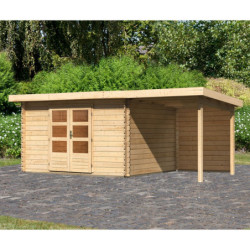 Abri Bastrup 7 en bois 28mm avec appentis 2m et paroi WoodFeeling