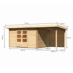 Abri Bastrup 7 en bois 28mm avec appentis 2m et paroi WoodFeeling