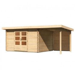 Abri Bastrup 7 en bois 28mm avec appentis 2m et paroi WoodFeeling