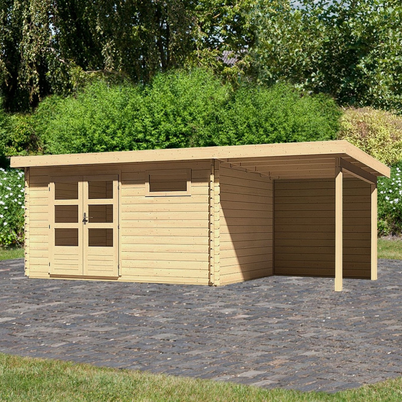 Abri Bastrup 8 en bois 28mm avec appentis 2m et paroi WoodFeeling