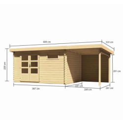 Abri Bastrup 8 en bois 28mm avec appentis 2m et paroi WoodFeeling