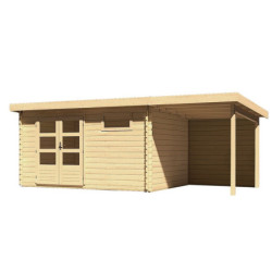 Abri Bastrup 8 en bois 28mm avec appentis 2m et paroi WoodFeeling