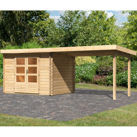 Abri 7,04m² Bastrup 3 en bois 28mm avec appentis 3m - WoodFeeling