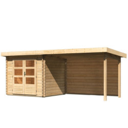Abri Bastrup 2 en bois 28mm avec appentis 3m et paroi WoodFeeling