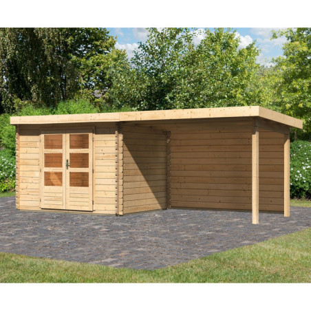 Abri Bastrup 3 en bois 28mm avec appentis 3m et paroi WoodFeeling