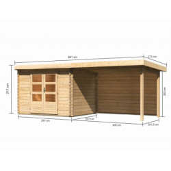 Abri Bastrup 3 en bois 28mm avec appentis 3m et paroi WoodFeeling