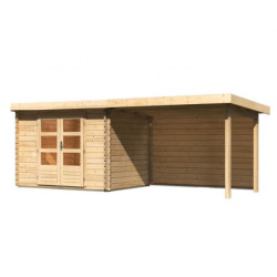 Abri Bastrup 3 en bois 28mm avec appentis 3m et paroi WoodFeeling