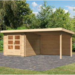 Abri Bastrup 4 en bois 28mm avec appentis 3m et paroi WoodFeeling
