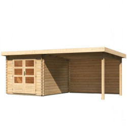 Abri Bastrup 4 en bois 28mm avec appentis 3m et paroi WoodFeeling