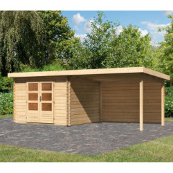Abri Bastrup 5 en bois 28mm avec appentis 3m et paroi WoodFeeling