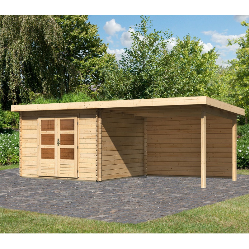 Abri Bastrup 5 en bois 28mm avec appentis 3m et paroi WoodFeeling