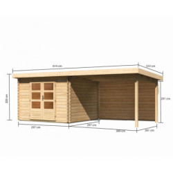 Abri Bastrup 5 en bois 28mm avec appentis 3m et paroi WoodFeeling