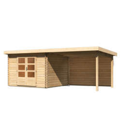 Abri Bastrup 5 en bois 28mm avec appentis 3m et paroi WoodFeeling