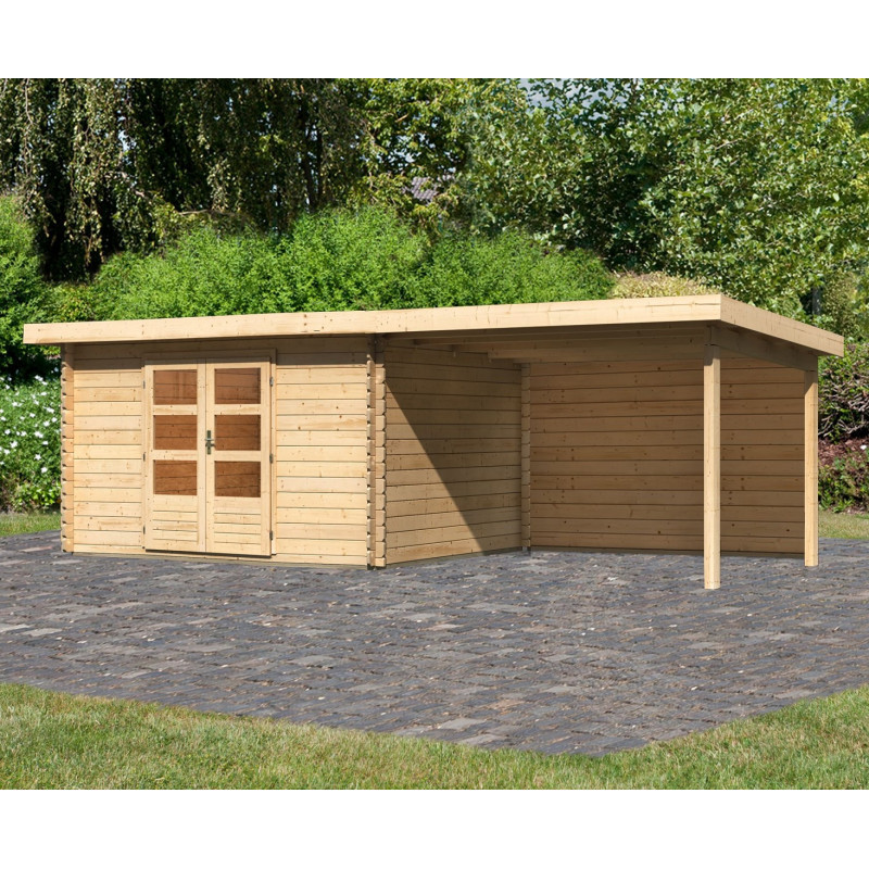Abri Bastrup 7 en bois 28mm avec appentis 3m et paroi WoodFeeling