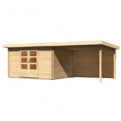 Abri Bastrup 7 en bois 28mm avec appentis 3m et paroi WoodFeeling