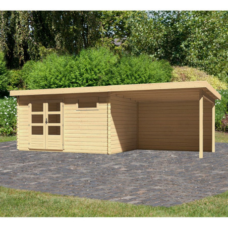 Abri Bastrup 8 en bois 28mm avec appentis 3m et paroi WoodFeeling