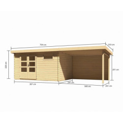 Abri Bastrup 8 en bois 28mm avec appentis 3m et paroi WoodFeeling