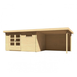 Abri Bastrup 8 en bois 28mm avec appentis 3m et paroi WoodFeeling