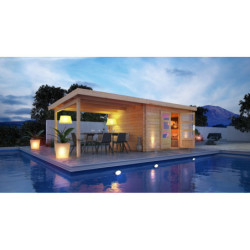 Abri 10,60m² Bastrup 7 en bois 28mm avec appentis 4m WoodFeeling